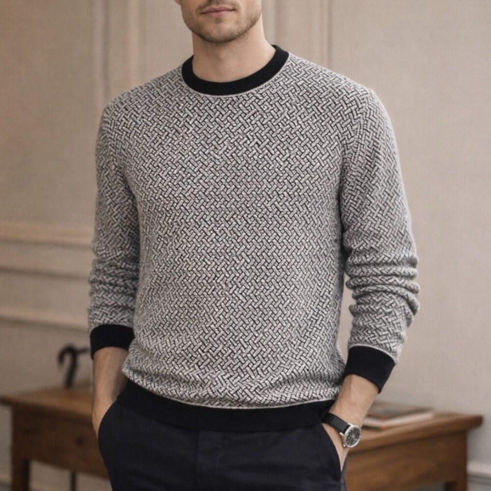 Vince Camuto Sweater Men L Grey Geometric Knit Crewneck Academia Casual Pullover